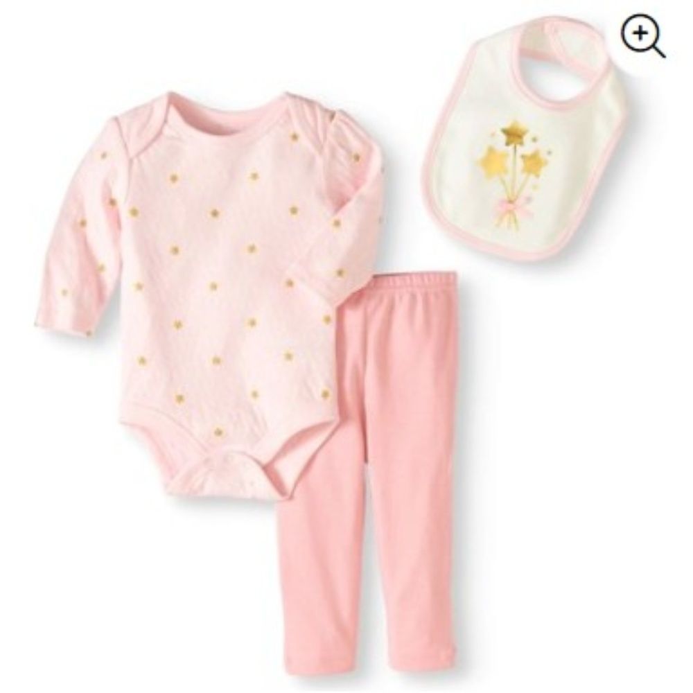 NWT Rene Rofe Baby Girl Pink Star Bodysuit, Bib and Leggings 3 pieces Set